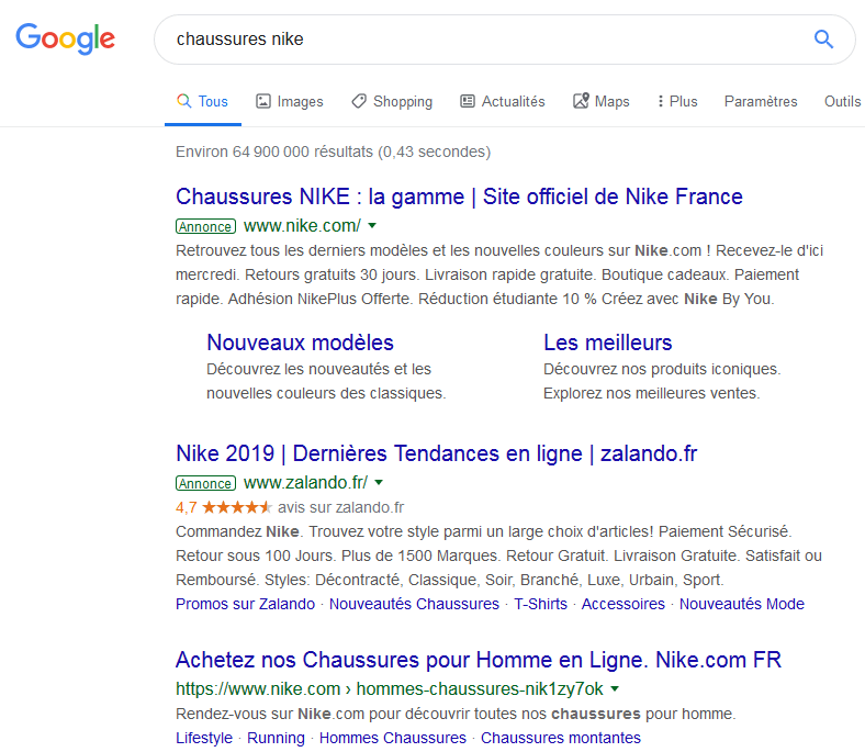 Exemple d'annonces Google Ads pour une recherche